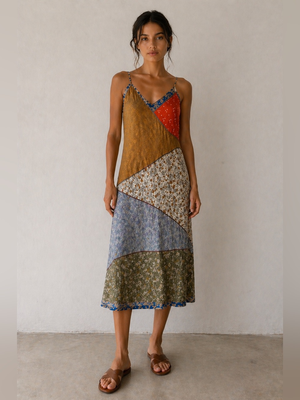 Vintage 100% Liquid Silk Patchwork Midi Slip Dress Size M Boho Hippie Festival